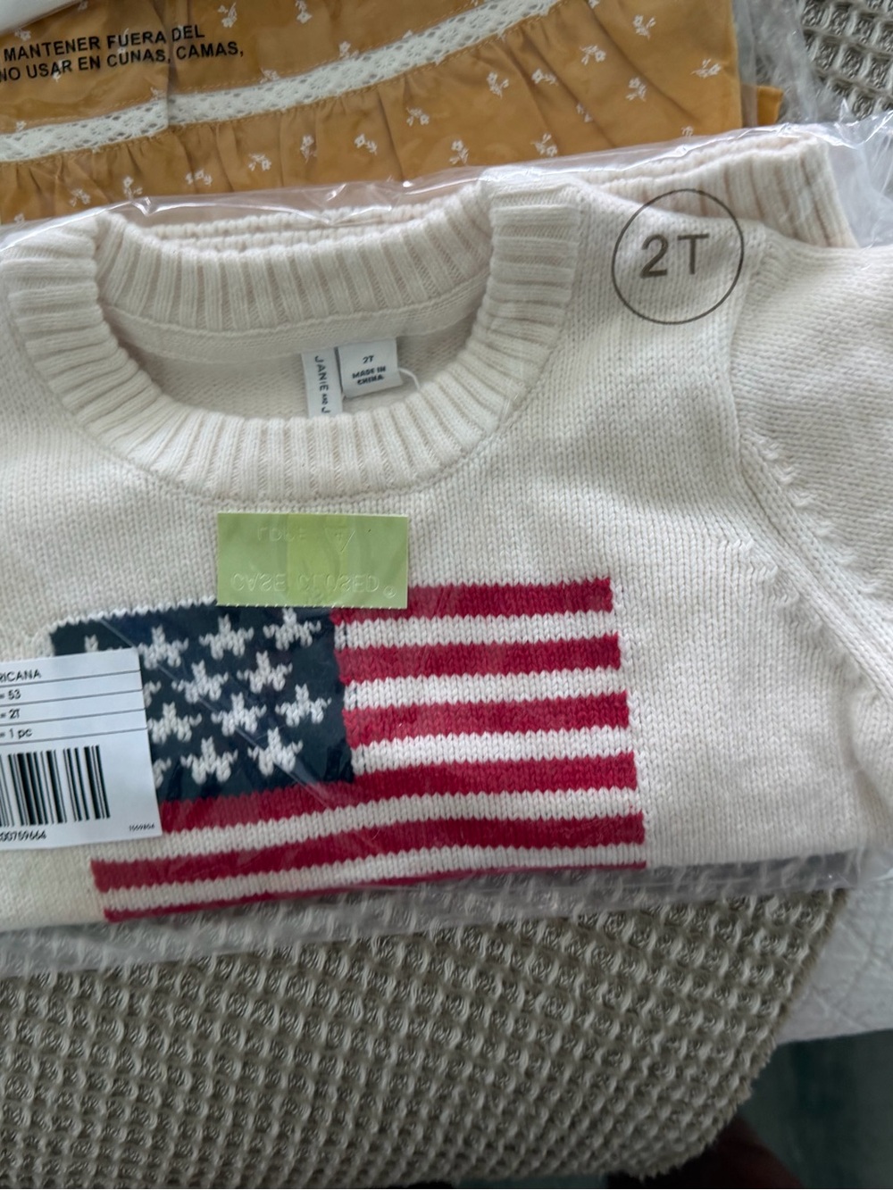 Classic Crewneck Sweater with Flag Motif - White, Size 2T a cat and Jack unisex